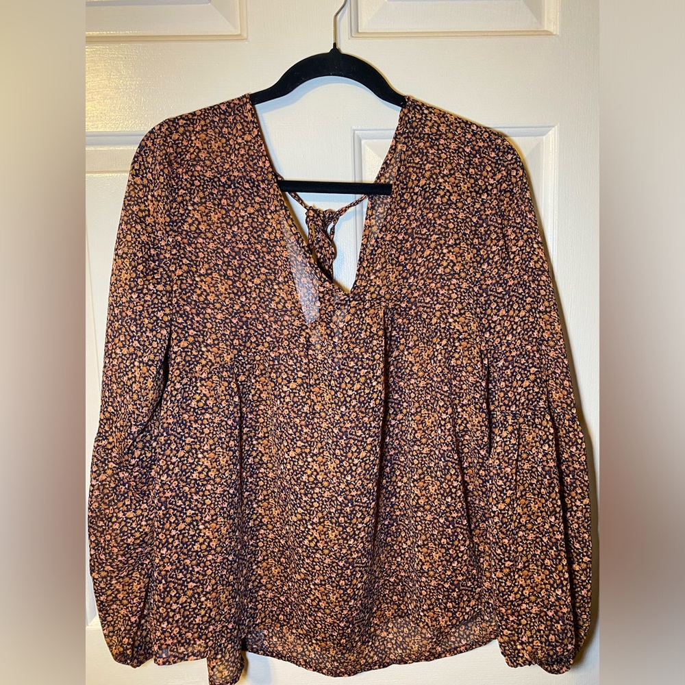 Bohemian Tie‎ Split Keyhole Neck Long Sleeve Pullover Blouse, L